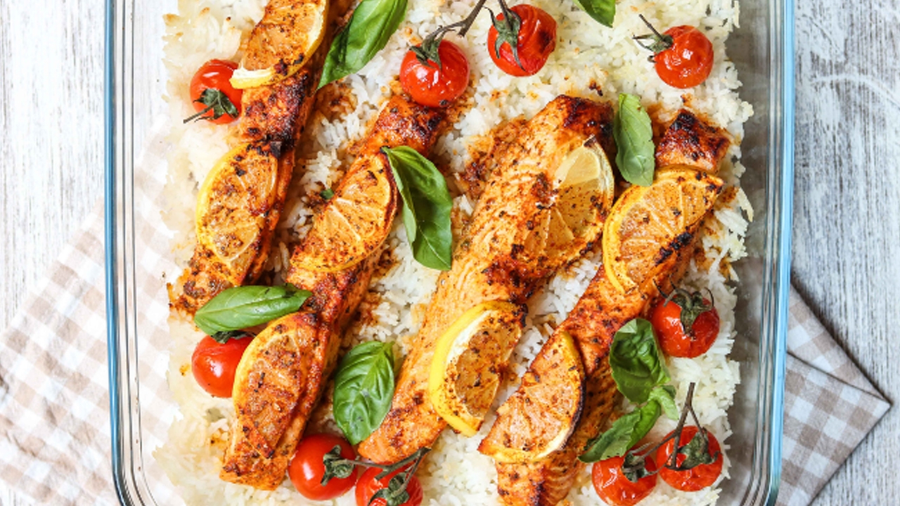 Honey Salmon with Rice & Tomatoes